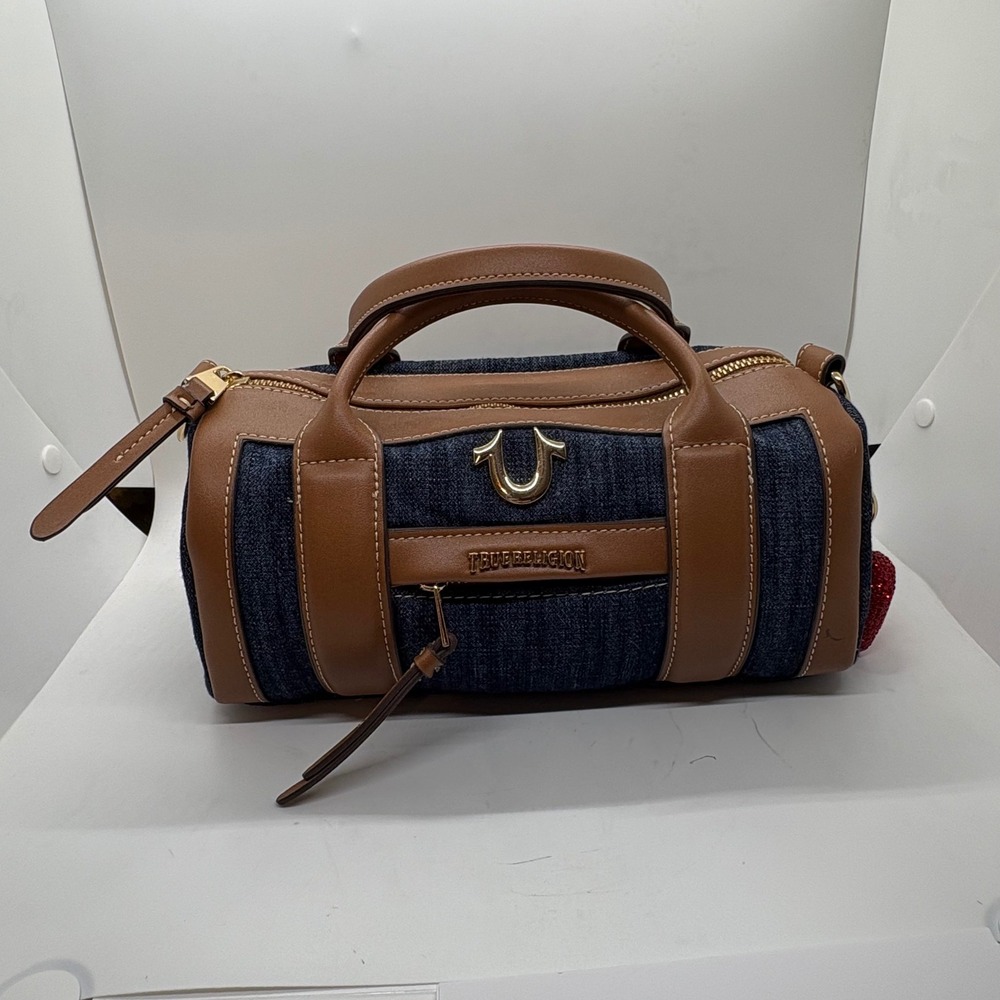 True Religion Denim Barrel Bag Tan Trim Satchel Crossbody Heart Charm